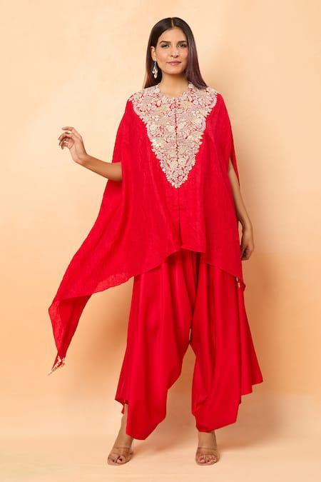 Prisho_Red Embroidery Round Neck Lampi Kaftan And Draped Pant Set _at_Aza_Fashions