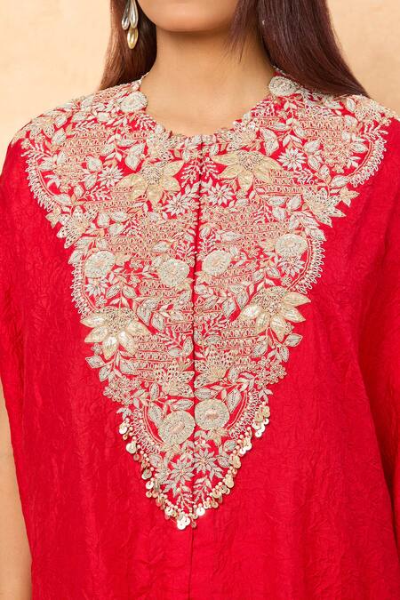 Buy_Prisho_Red Embroidery Round Neck Lampi Kaftan And Draped Pant Set 