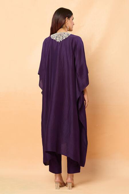 Shop_Prisho_Purple Silk Sequins Round Neck Dori Embroidered Asymmetric Kaftan Set _at_Aza_Fashions
