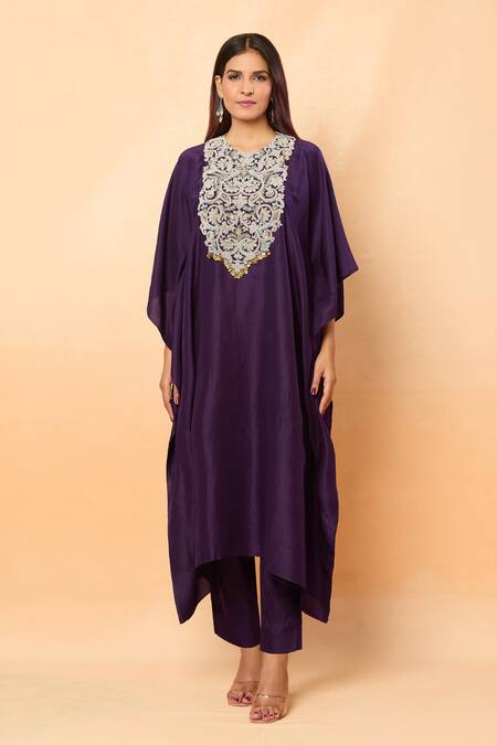 Buy_Prisho_Purple Silk Sequins Round Neck Dori Embroidered Asymmetric Kaftan Set _Online_at_Aza_Fashions