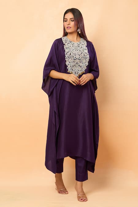 Shop_Prisho_Purple Silk Sequins Round Neck Dori Embroidered Asymmetric Kaftan Set _Online_at_Aza_Fashions