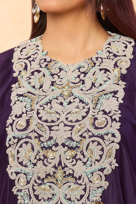 Prisho_Purple Silk Sequins Round Neck Dori Embroidered Asymmetric Kaftan Set _at_Aza_Fashions