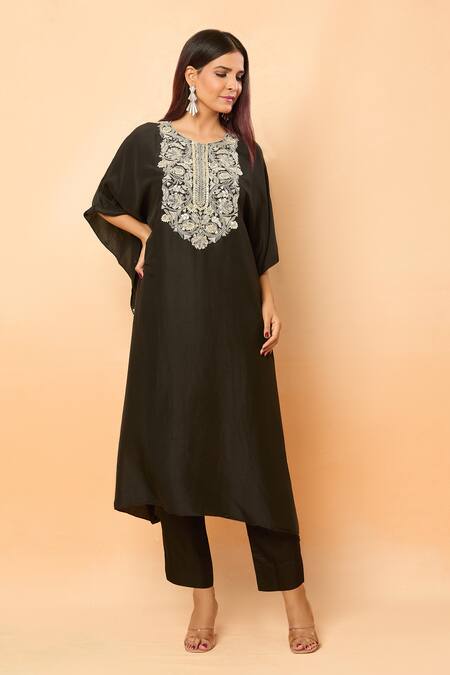 Prisho_Black Silk Embroidery, Pearls Round Neck Gota Kaftan And Pant Set _Online_at_Aza_Fashions