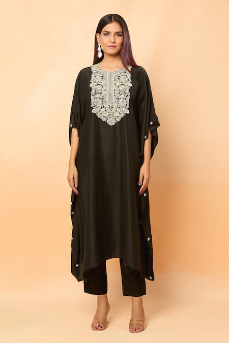 Buy_Prisho_Black Silk Embroidery, Pearls Round Neck Gota Kaftan And Pant Set _Online_at_Aza_Fashions