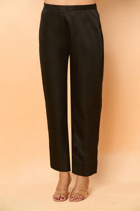 Shop_Prisho_Black Silk Embroidery, Pearls Round Neck Gota Kaftan And Pant Set _Online_at_Aza_Fashions