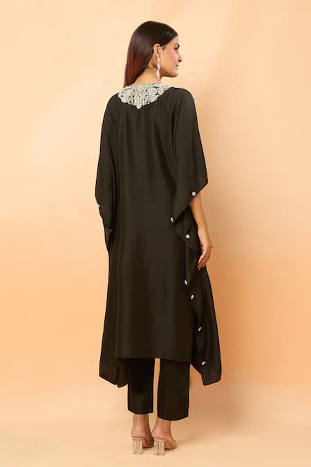 Shop_Prisho_Black Silk Embroidery, Pearls Round Neck Gota Kaftan And Pant Set _at_Aza_Fashions
