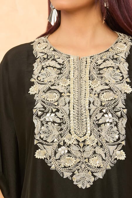 Prisho_Black Silk Embroidery, Pearls Round Neck Gota Kaftan And Pant Set _at_Aza_Fashions