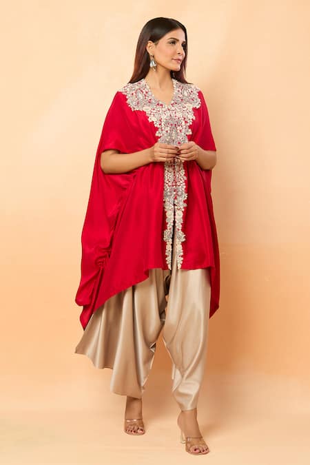 Buy_Prisho_Red Silk Pearls, Sequins V-neck Resham Embroidered Kaftan And Draped Pant Set _Online_at_Aza_Fashions