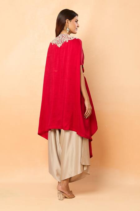 Shop_Prisho_Red Silk Pearls, Sequins V-neck Resham Embroidered Kaftan And Draped Pant Set _at_Aza_Fashions
