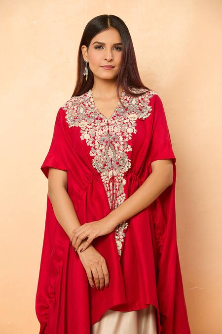 Shop_Prisho_Red Silk Pearls, Sequins V-neck Resham Embroidered Kaftan And Draped Pant Set _Online_at_Aza_Fashions