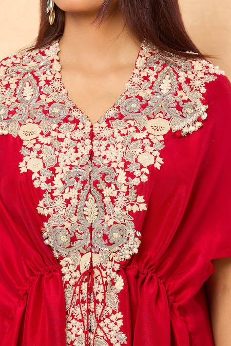 Prisho_Red Silk Pearls, Sequins V-neck Resham Embroidered Kaftan And Draped Pant Set _at_Aza_Fashions