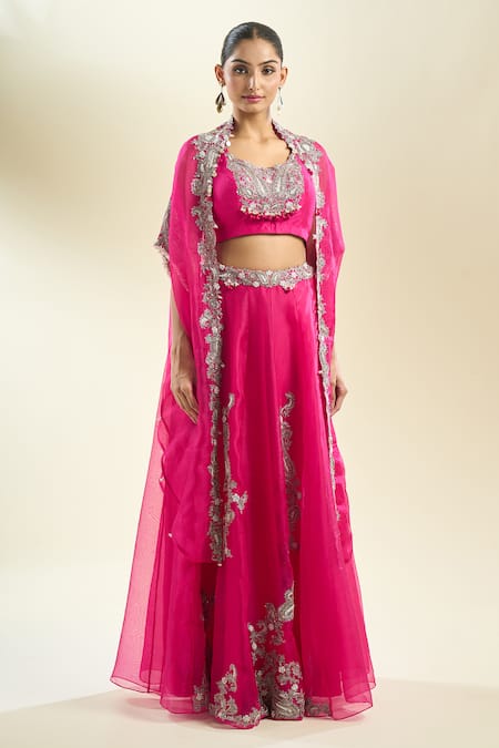 Prisho_Fuchsia Zari, Sequins, Pearls Round Neck Zardozi Embroidered Cape Skirt Set _Online_at_Aza_Fashions