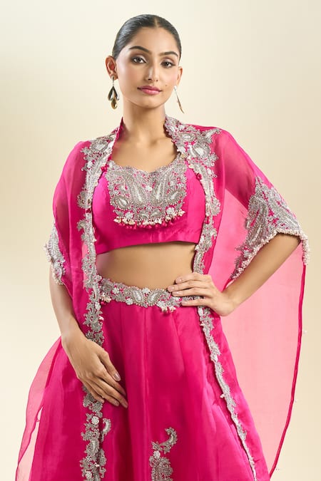 Buy_Prisho_Fuchsia Zari, Sequins, Pearls Round Neck Zardozi Embroidered Cape Skirt Set _Online_at_Aza_Fashions