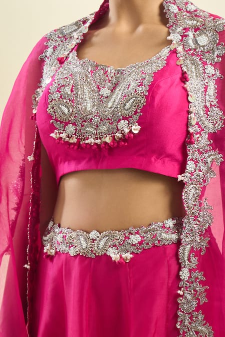 Shop_Prisho_Fuchsia Zari, Sequins, Pearls Round Neck Zardozi Embroidered Cape Skirt Set _Online_at_Aza_Fashions