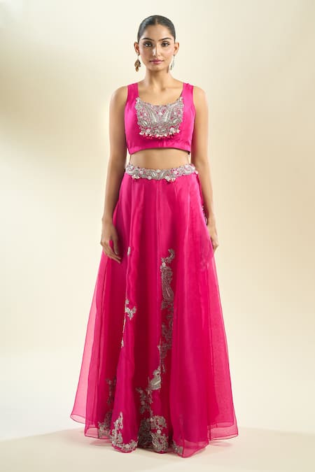 Prisho_Fuchsia Zari, Sequins, Pearls Round Neck Zardozi Embroidered Cape Skirt Set _at_Aza_Fashions