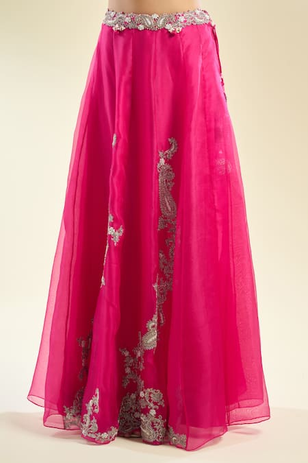 Buy_Prisho_Fuchsia Zari, Sequins, Pearls Round Neck Zardozi Embroidered Cape Skirt Set 