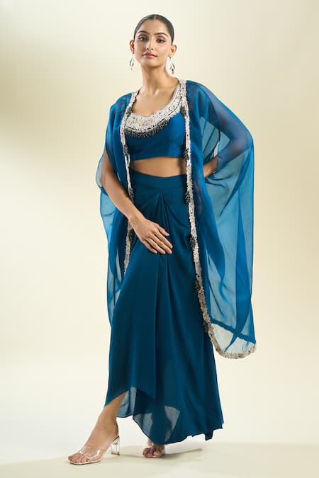 Prisho_Blue Chiffon Pearls, Sequins, Zari Round Neck Zardozi Embroidered Cape Skirt Set _Online_at_Aza_Fashions