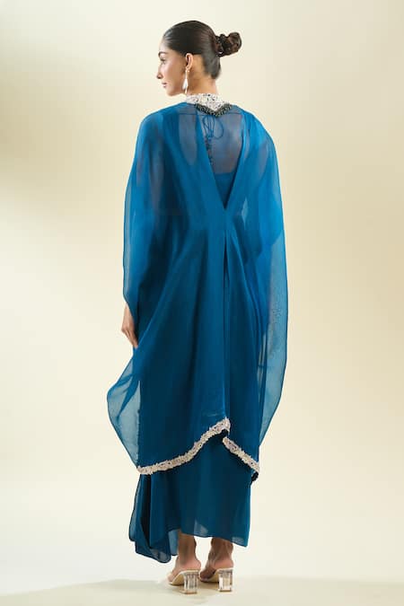 Shop_Prisho_Blue Chiffon Pearls, Sequins, Zari Round Neck Zardozi Embroidered Cape Skirt Set _at_Aza_Fashions