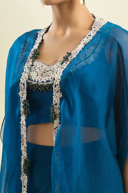 Prisho_Blue Chiffon Pearls, Sequins, Zari Round Neck Zardozi Embroidered Cape Skirt Set _at_Aza_Fashions