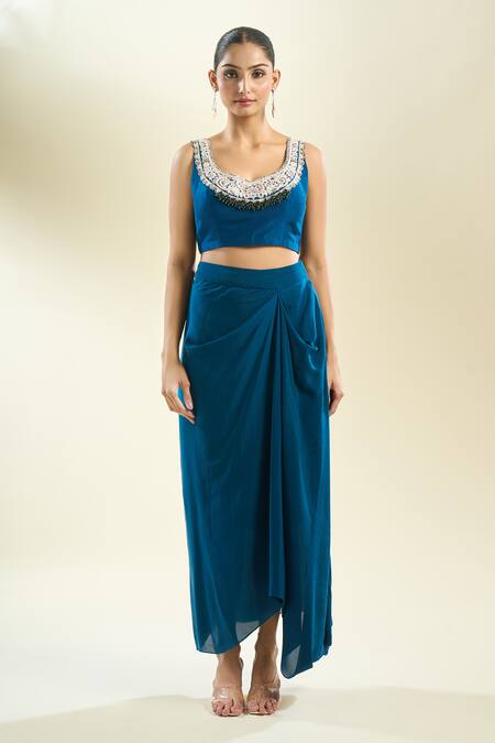 Buy_Prisho_Blue Chiffon Pearls, Sequins, Zari Round Neck Zardozi Embroidered Cape Skirt Set 