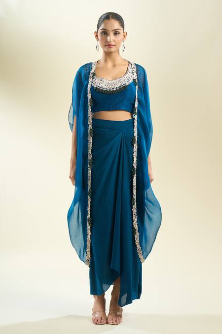 Shop_Prisho_Blue Chiffon Pearls, Sequins, Zari Round Neck Zardozi Embroidered Cape Skirt Set 
