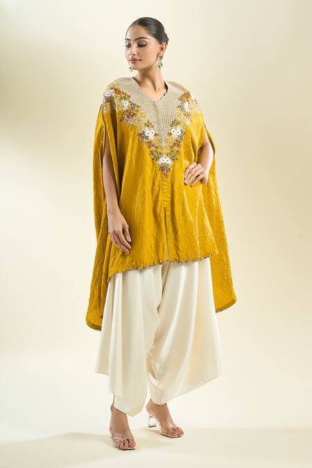Prisho_Yellow Embroidery, Sequins, Zari, Pearls V-neck Floral Kaftan And Draped Pant _Online_at_Aza_Fashions