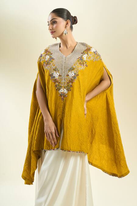 Buy_Prisho_Yellow Embroidery, Sequins, Zari, Pearls V-neck Floral Kaftan And Draped Pant _Online_at_Aza_Fashions