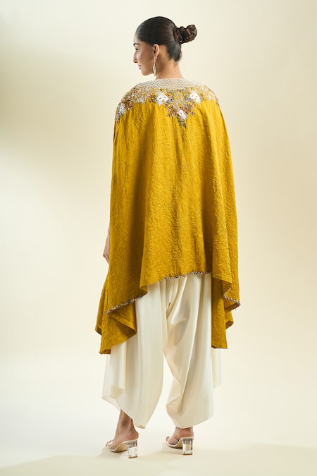 Shop_Prisho_Yellow Embroidery, Sequins, Zari, Pearls V-neck Floral Kaftan And Draped Pant _at_Aza_Fashions
