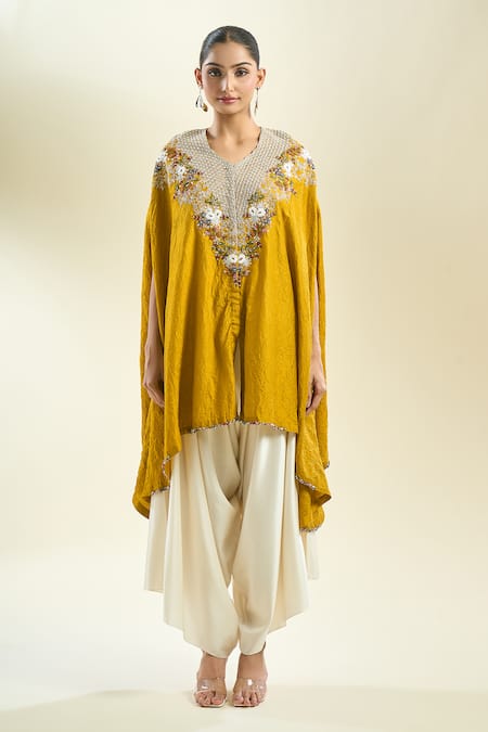 Shop_Prisho_Yellow Embroidery, Sequins, Zari, Pearls V-neck Floral Kaftan And Draped Pant _Online_at_Aza_Fashions