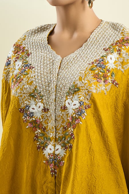 Prisho_Yellow Embroidery, Sequins, Zari, Pearls V-neck Floral Kaftan And Draped Pant _at_Aza_Fashions
