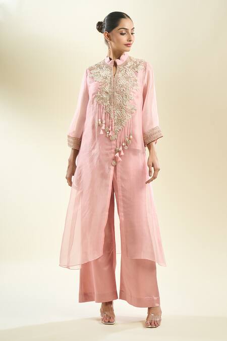 Shop_Prisho_Pink Silk Embroidery, Sequins, Zari, Pearls Round Floral Thread Jacket Pant Set _Online_at_Aza_Fashions