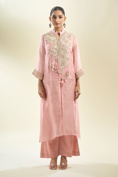 Prisho_Pink Silk Embroidery, Sequins, Zari, Pearls Round Floral Thread Jacket Pant Set _at_Aza_Fashions