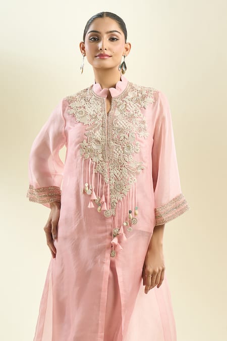 Buy_Prisho_Pink Silk Embroidery, Sequins, Zari, Pearls Round Floral Thread Jacket Pant Set 
