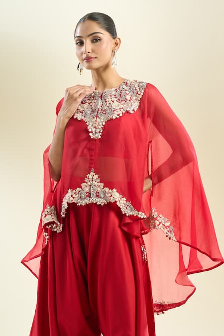 Buy_Prisho_Red Chiffon Sequins, Zari, Pearls, Embroidery Round Floral Thread Kaftan Set _Online_at_Aza_Fashions