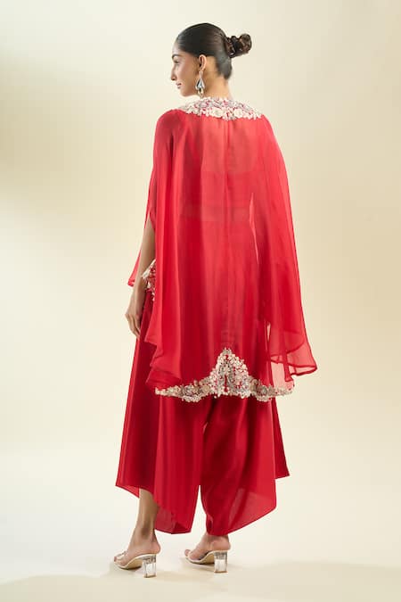 Shop_Prisho_Red Chiffon Sequins, Zari, Pearls, Embroidery Round Floral Thread Kaftan Set _at_Aza_Fashions