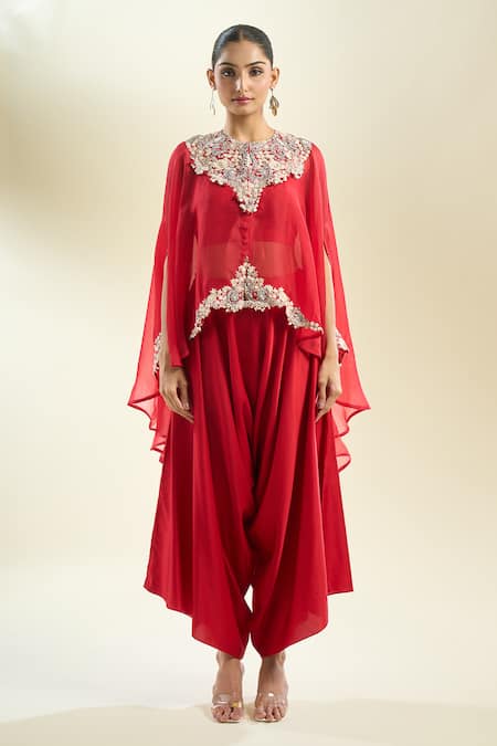 Prisho_Red Chiffon Sequins, Zari, Pearls, Embroidery Round Floral Thread Kaftan Set _at_Aza_Fashions