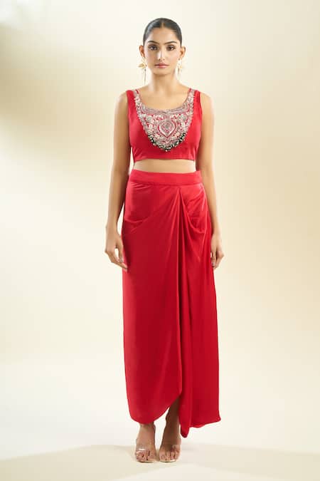 Prisho_Fuchsia Zari, Sequins, Pearls Round Neck Zardozi Embroidered Cape And Skirt Set _Online_at_Aza_Fashions