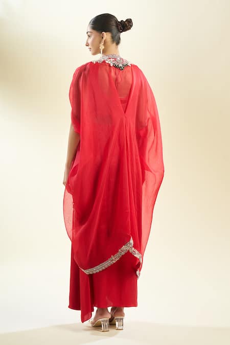 Buy_Prisho_Fuchsia Zari, Sequins, Pearls Round Neck Zardozi Embroidered Cape And Skirt Set _Online_at_Aza_Fashions