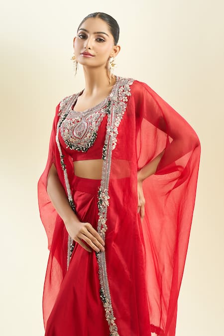 Prisho_Fuchsia Zari, Sequins, Pearls Round Neck Zardozi Embroidered Cape And Skirt Set _at_Aza_Fashions
