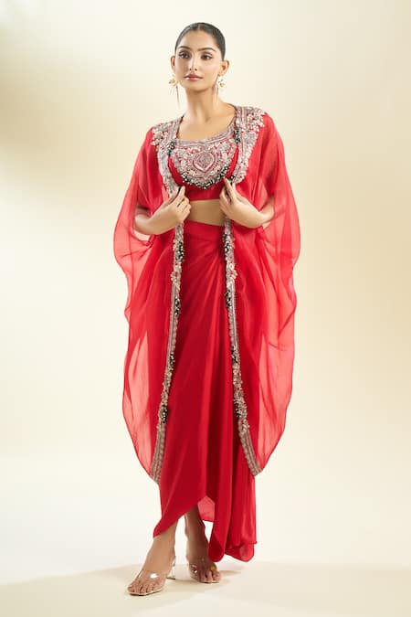 Buy_Prisho_Fuchsia Zari, Sequins, Pearls Round Neck Zardozi Embroidered Cape And Skirt Set 