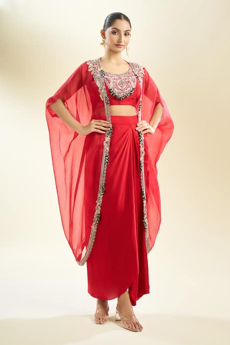 Shop_Prisho_Fuchsia Zari, Sequins, Pearls Round Neck Zardozi Embroidered Cape And Skirt Set 