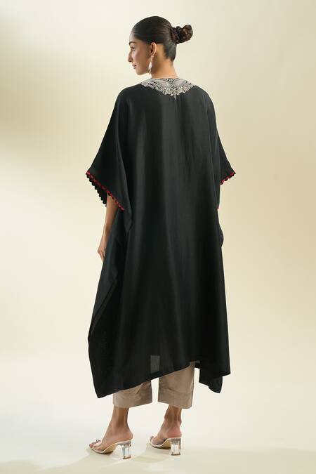 Shop_Prisho_Black Sequins, Embroidery Round Neck Floral Kaftan And Pant Set _at_Aza_Fashions