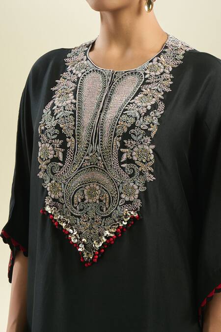 Buy_Prisho_Black Sequins, Embroidery Round Neck Floral Kaftan And Pant Set _Online_at_Aza_Fashions