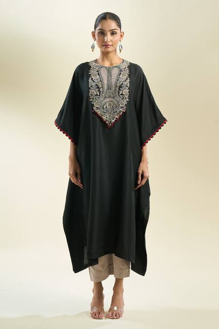 Shop_Prisho_Black Sequins, Embroidery Round Neck Floral Kaftan And Pant Set _Online_at_Aza_Fashions