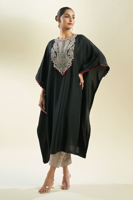 Prisho_Black Sequins, Embroidery Round Neck Floral Kaftan And Pant Set _at_Aza_Fashions