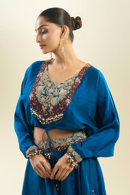 Prisho_Blue Chiffon Sequins, Zari, Embroidery Round Neck Floral Blouse And Skirt _Online_at_Aza_Fashions
