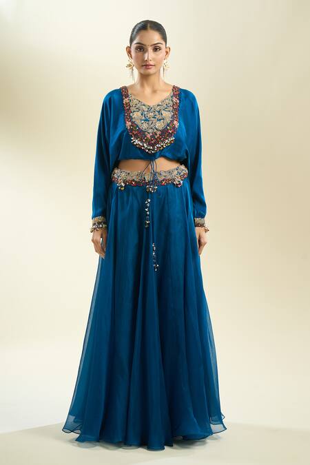 Buy_Prisho_Blue Chiffon Sequins, Zari, Embroidery Round Neck Floral Blouse And Skirt _Online_at_Aza_Fashions