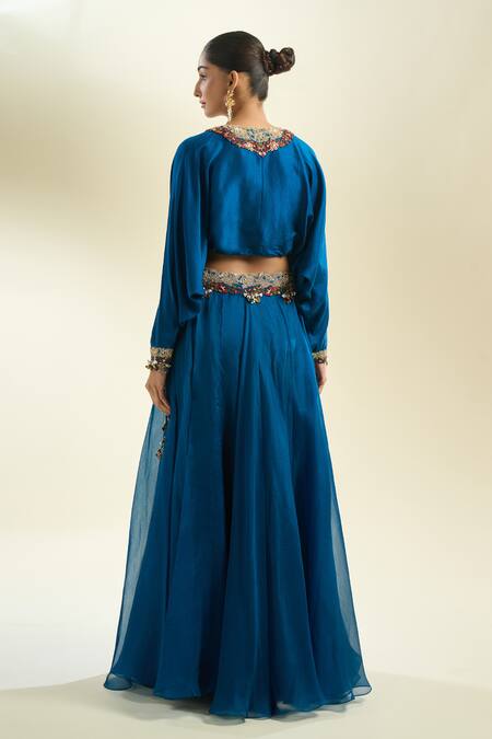 Shop_Prisho_Blue Chiffon Sequins, Zari, Embroidery Round Neck Floral Blouse And Skirt _at_Aza_Fashions