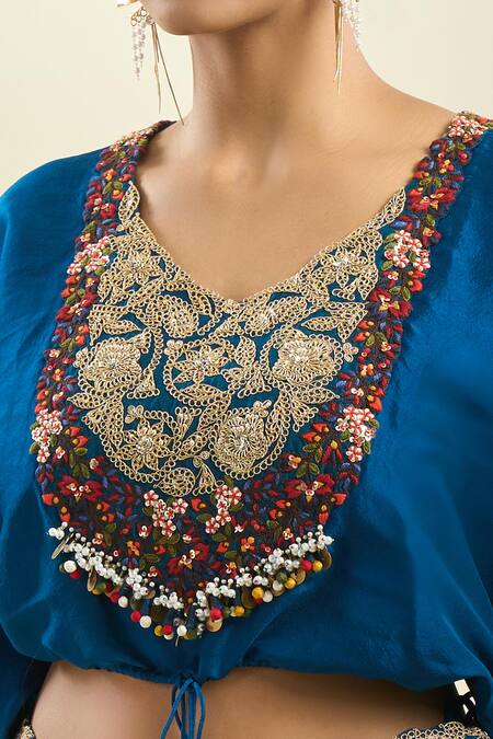 Shop_Prisho_Blue Chiffon Sequins, Zari, Embroidery Round Neck Floral Blouse And Skirt _Online_at_Aza_Fashions