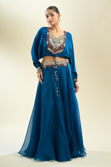 Prisho_Blue Chiffon Sequins, Zari, Embroidery Round Neck Floral Blouse And Skirt _at_Aza_Fashions